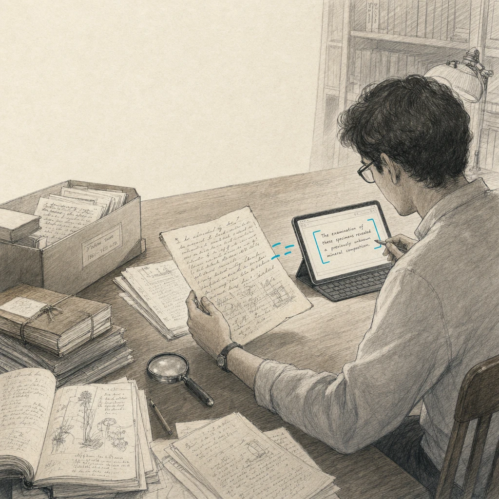 Illustration of a researcher transcribing handwritten manuscripts and notes into digital text