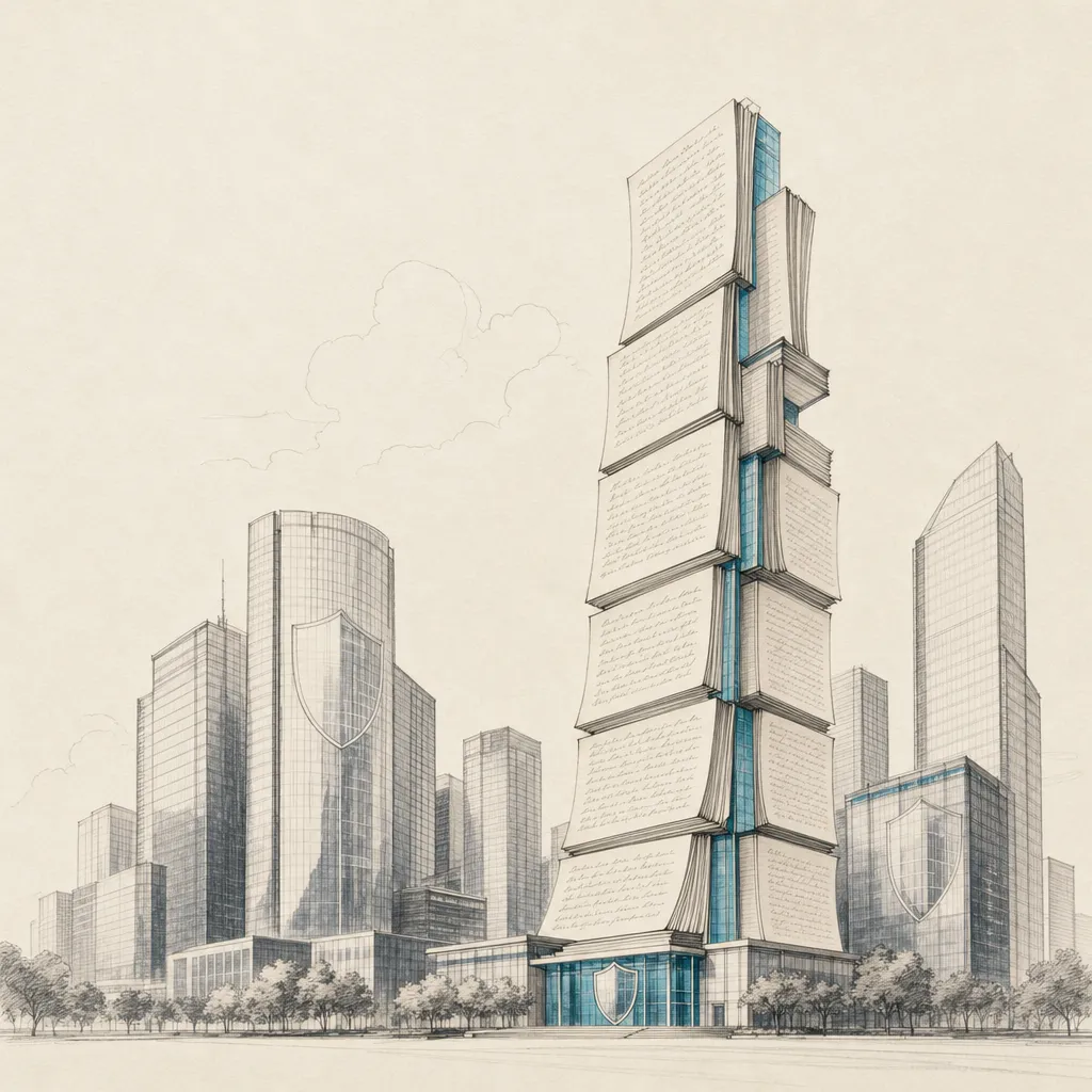 Illustration of a corporate skyline where one tower is built from handwritten manuscript pages