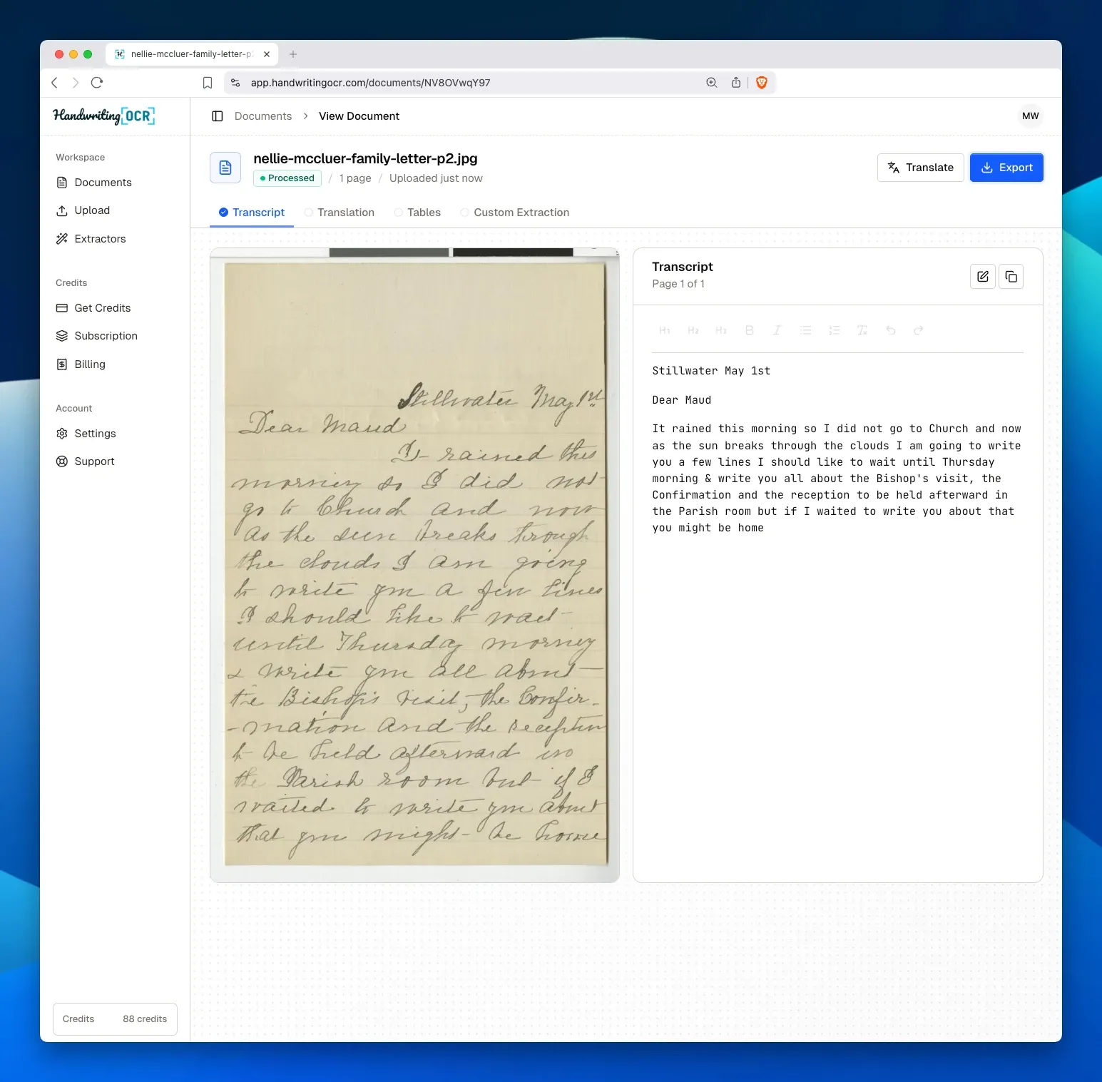 Handwriting OCR reading a historical handwritten document into clean, editable text.