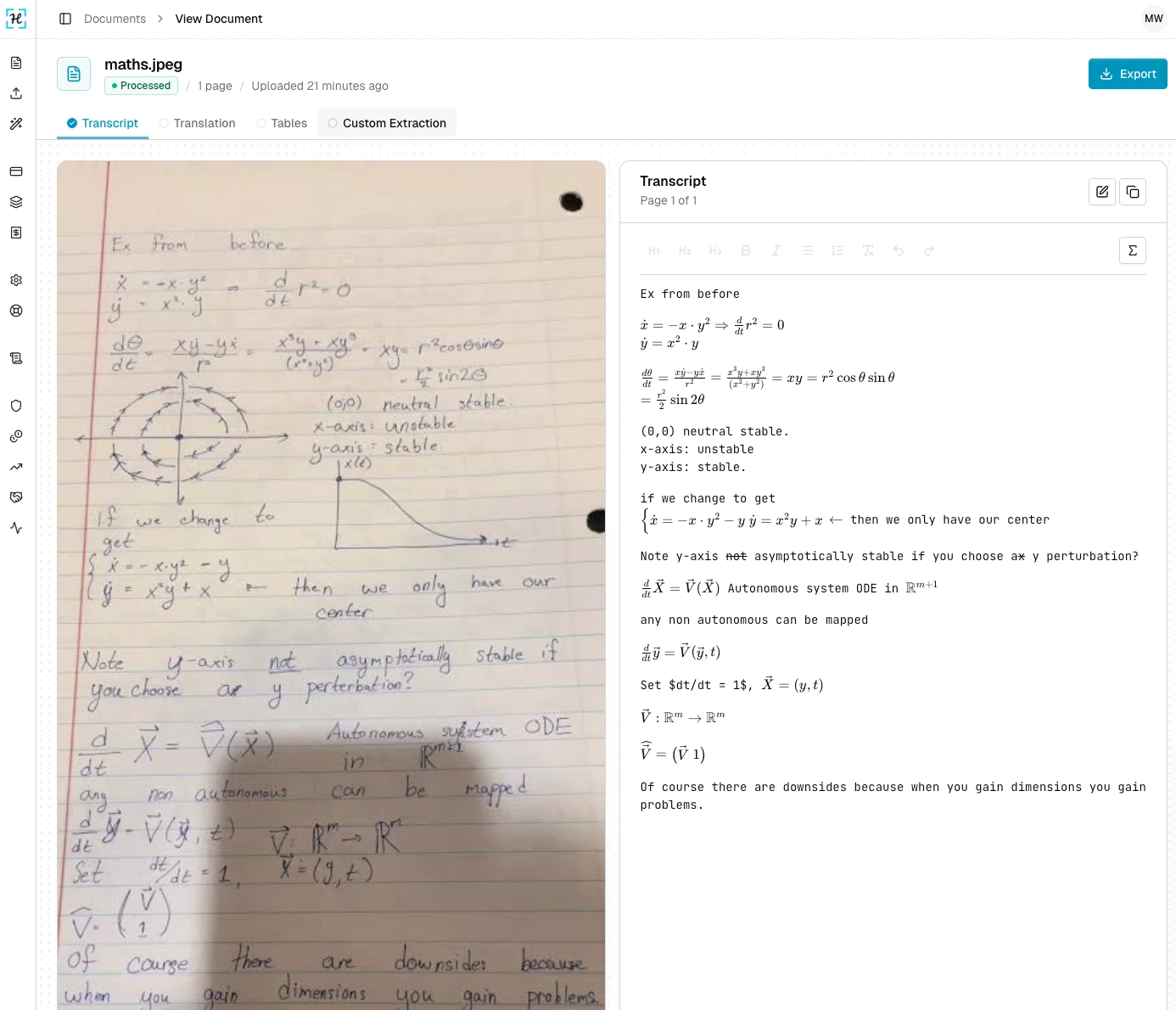 Handwriting OCR reading a page of handwritten mathematics into LaTeX.