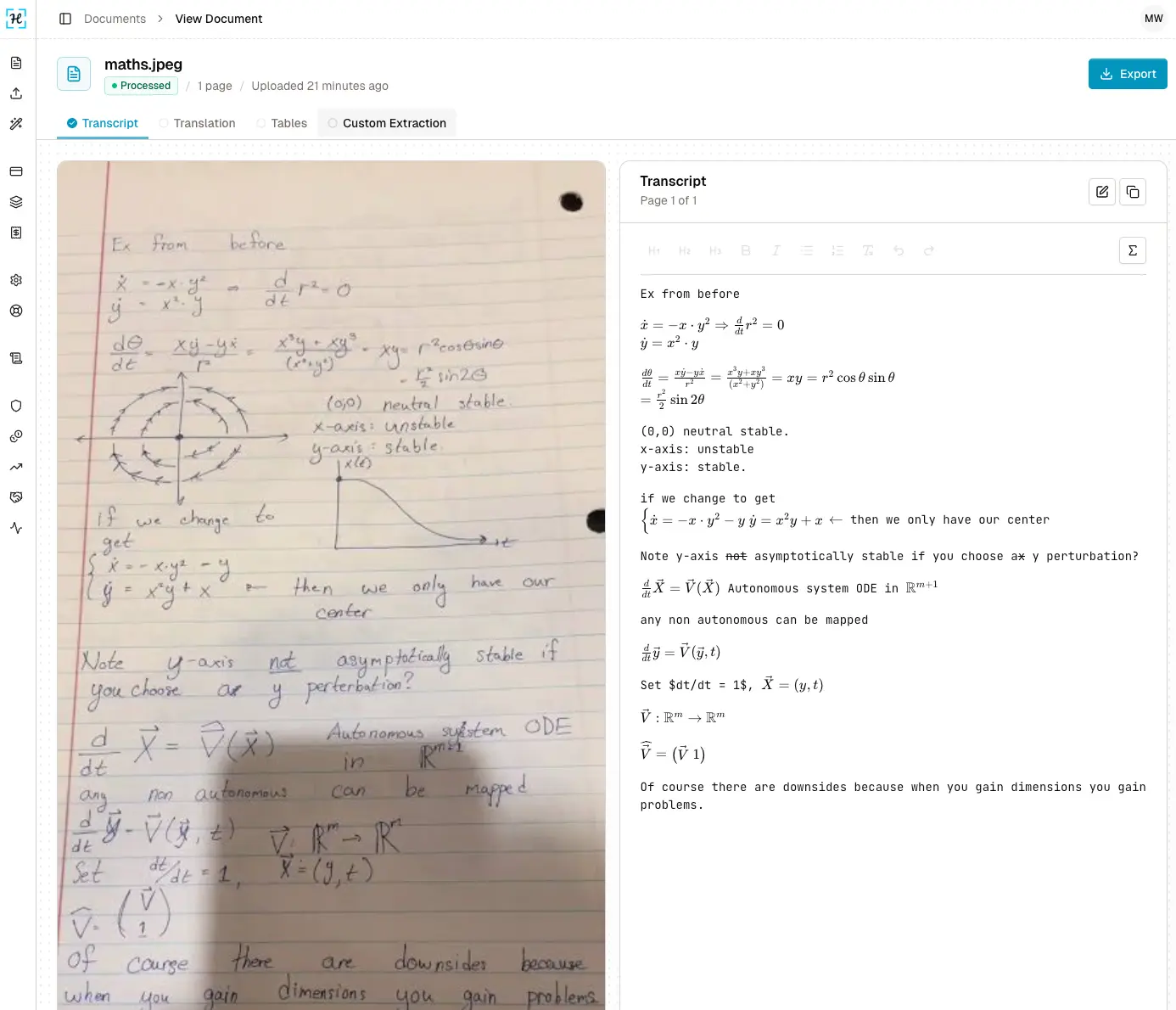 The Handwriting OCR app: a photo of a handwritten dynamical-systems page on the left, and its transcript on the right with the mathematics rendered as clean LaTeX.