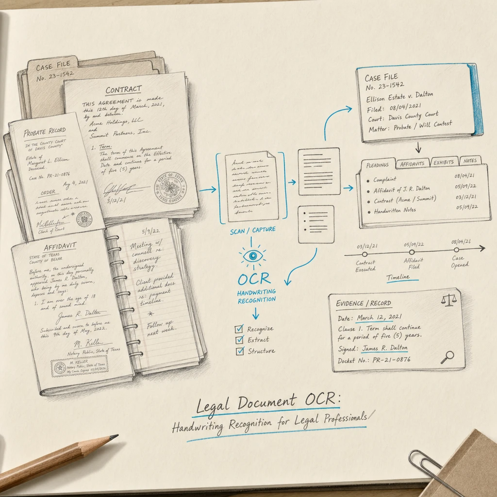 Illustration of a backlog of handwritten legal documents being turned into structured digital data