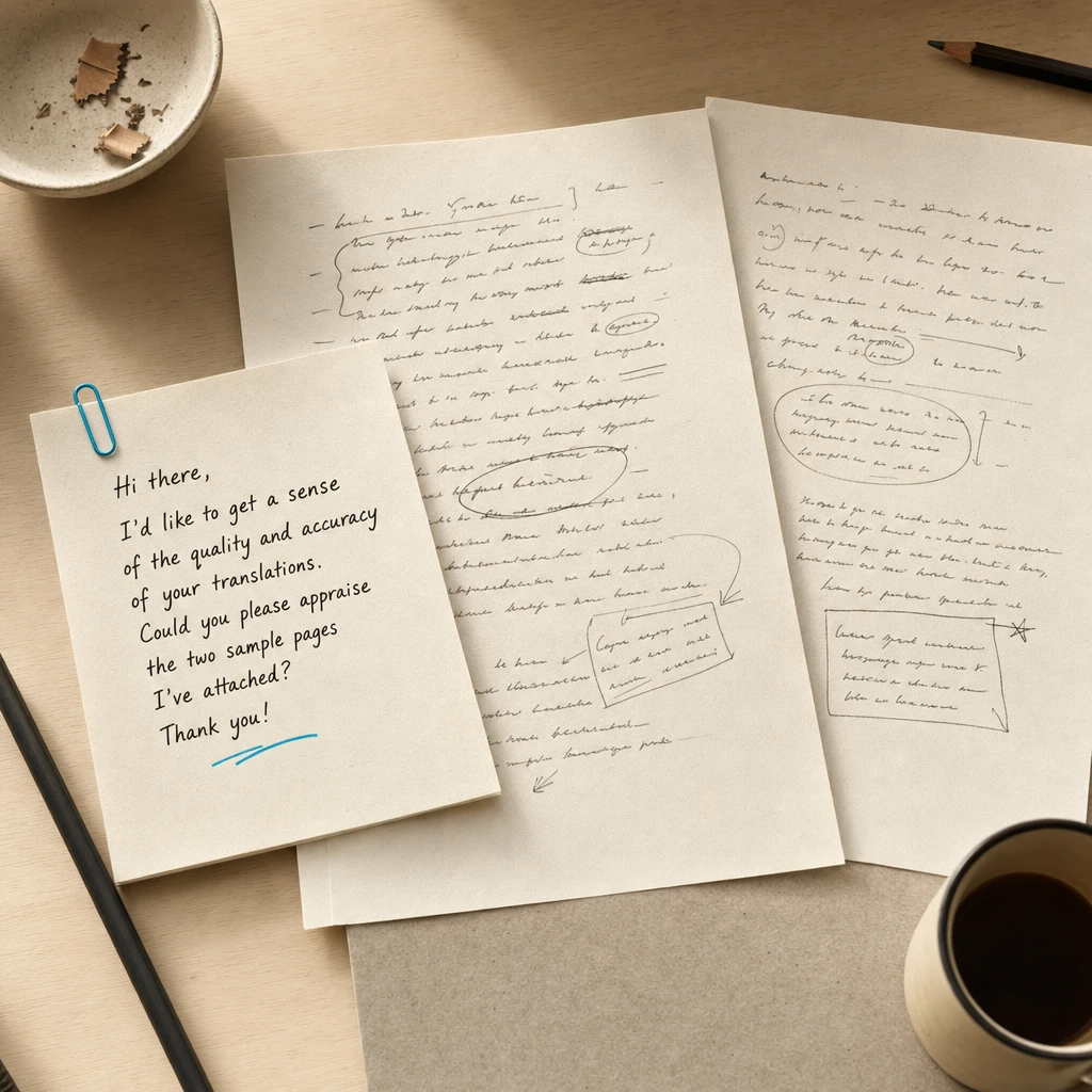 A quote enquiry with sample handwritten pages laid out for appraisal