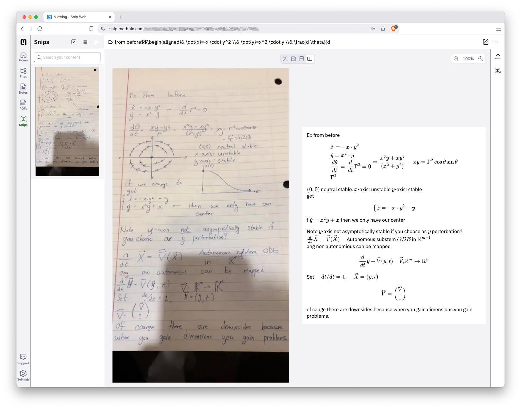 Mathpix Snip reading the same handwritten page, with the radius misread as Gamma and several garbled words.