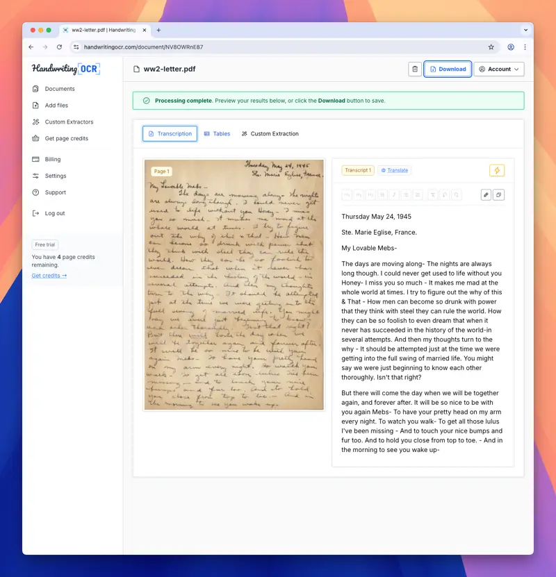 Cursive writing converted to digital text in the Handwriting OCR editor.