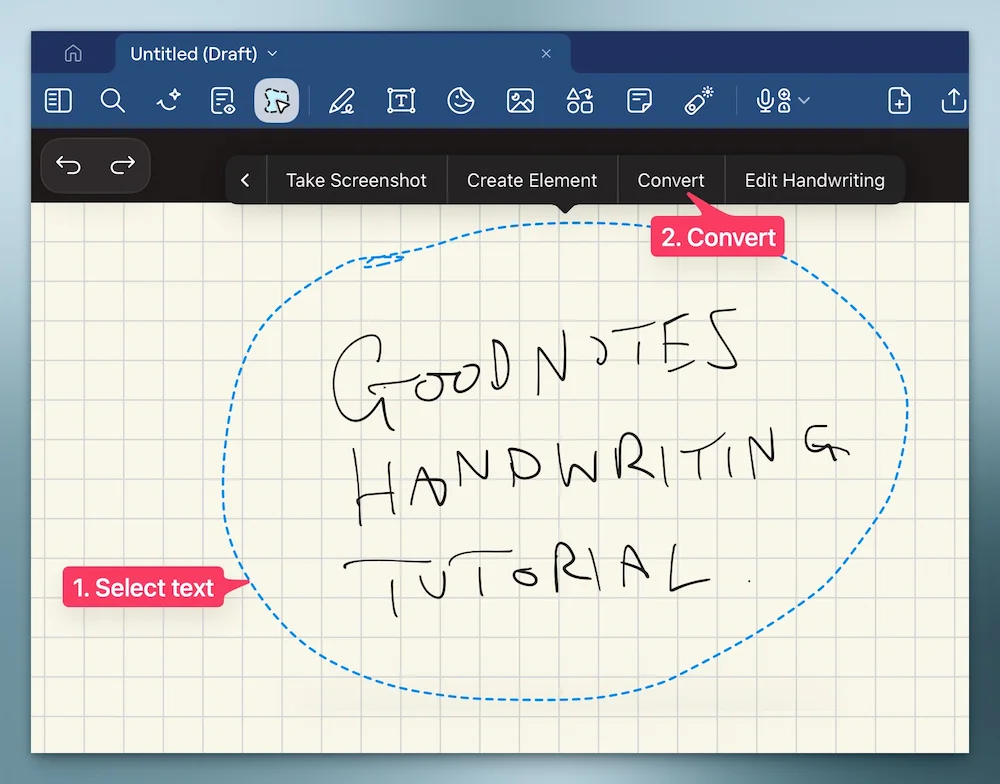 Select text with the Lasso Tool and tap Convert.