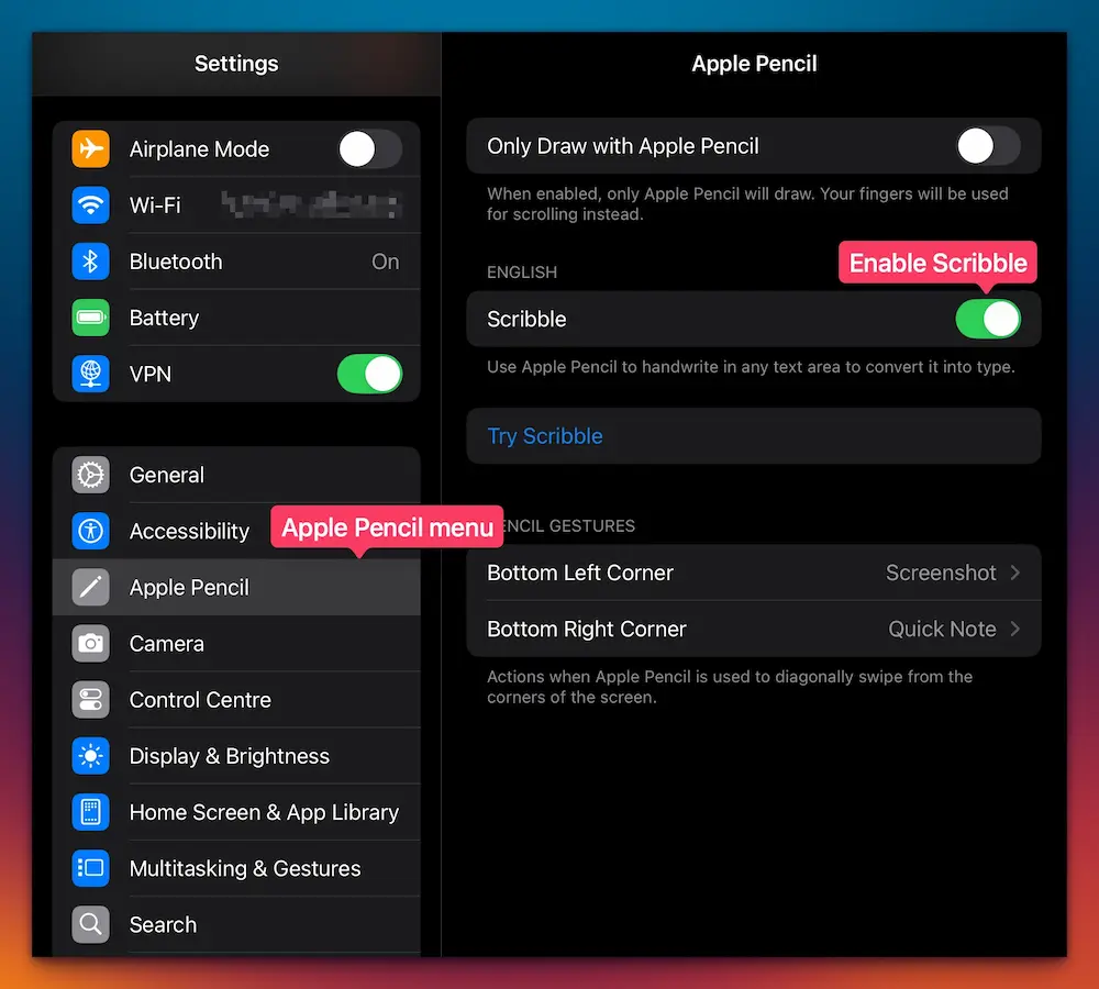 Enable Scribble in iPad settings.