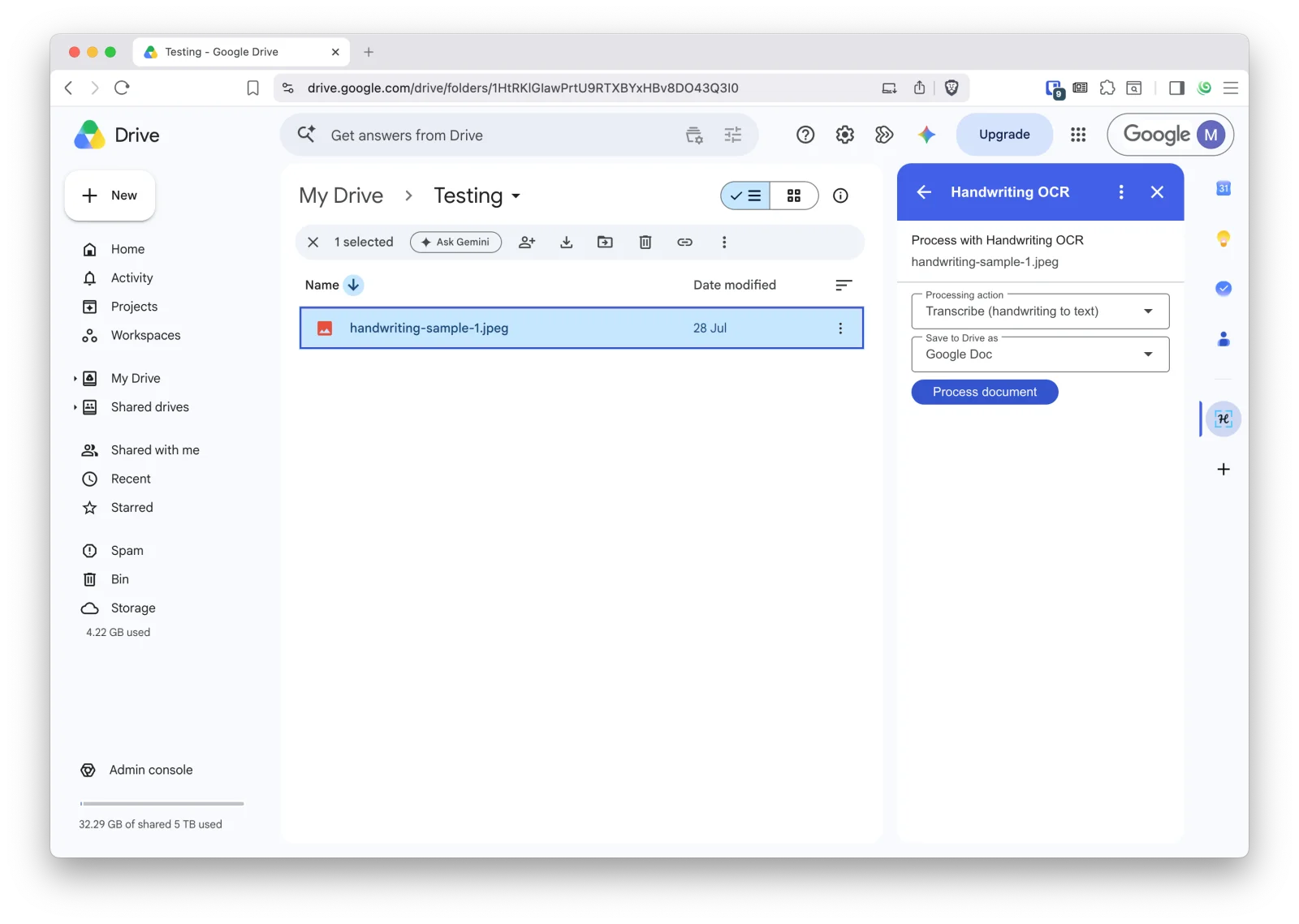 The Handwriting OCR add-on in the Google Drive sidebar