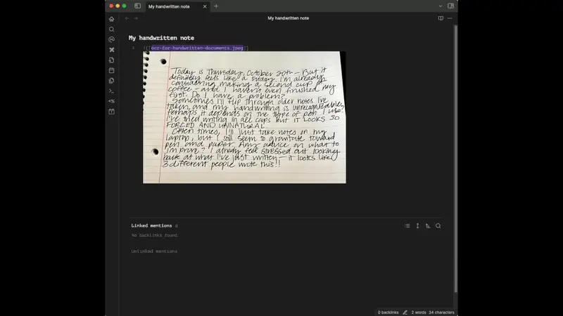 The Handwriting OCR plugin converting a handwritten page into editable text inside Obsidian.